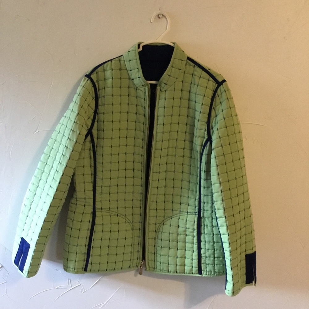 Susan Graver Green Lightweight Quilted Jacket with Navy Accents Size Medium